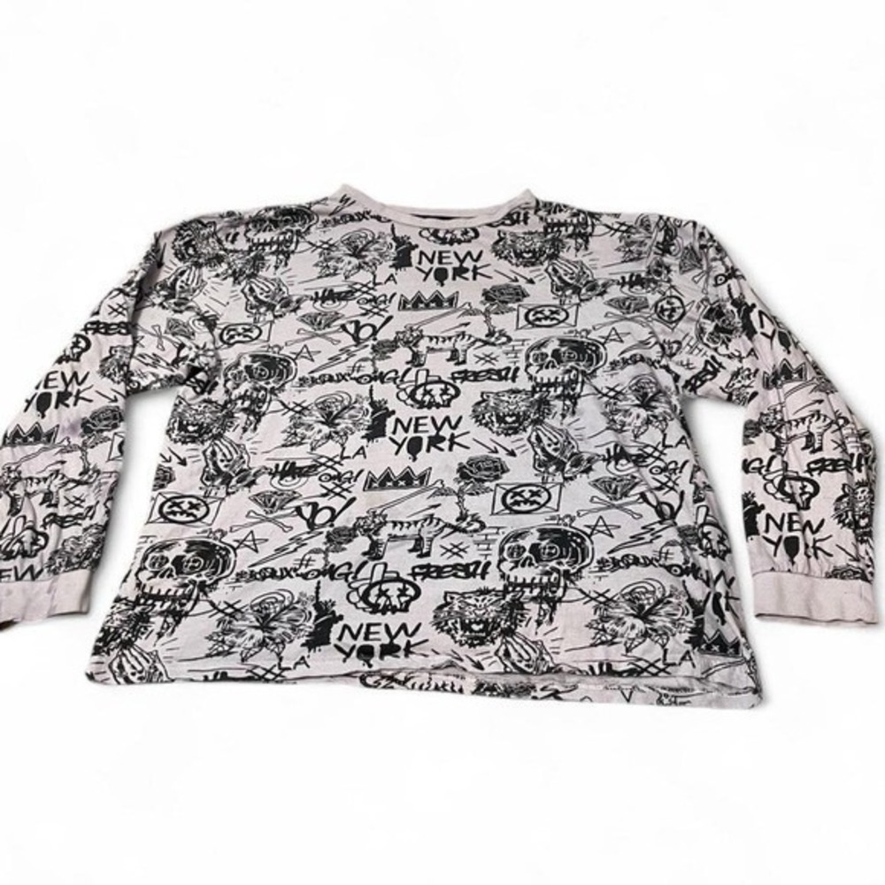 light purple + black long sleeve shirt with all over y2k print design